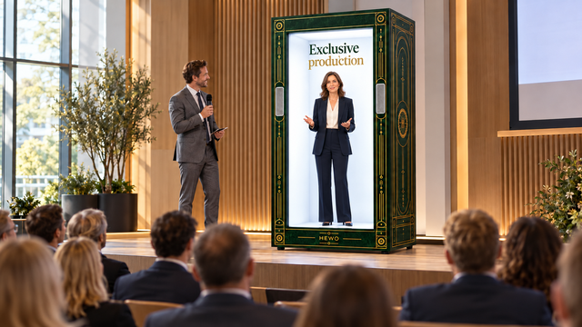 Illustration: a fictional contemporary speaker in a Holobox on stage